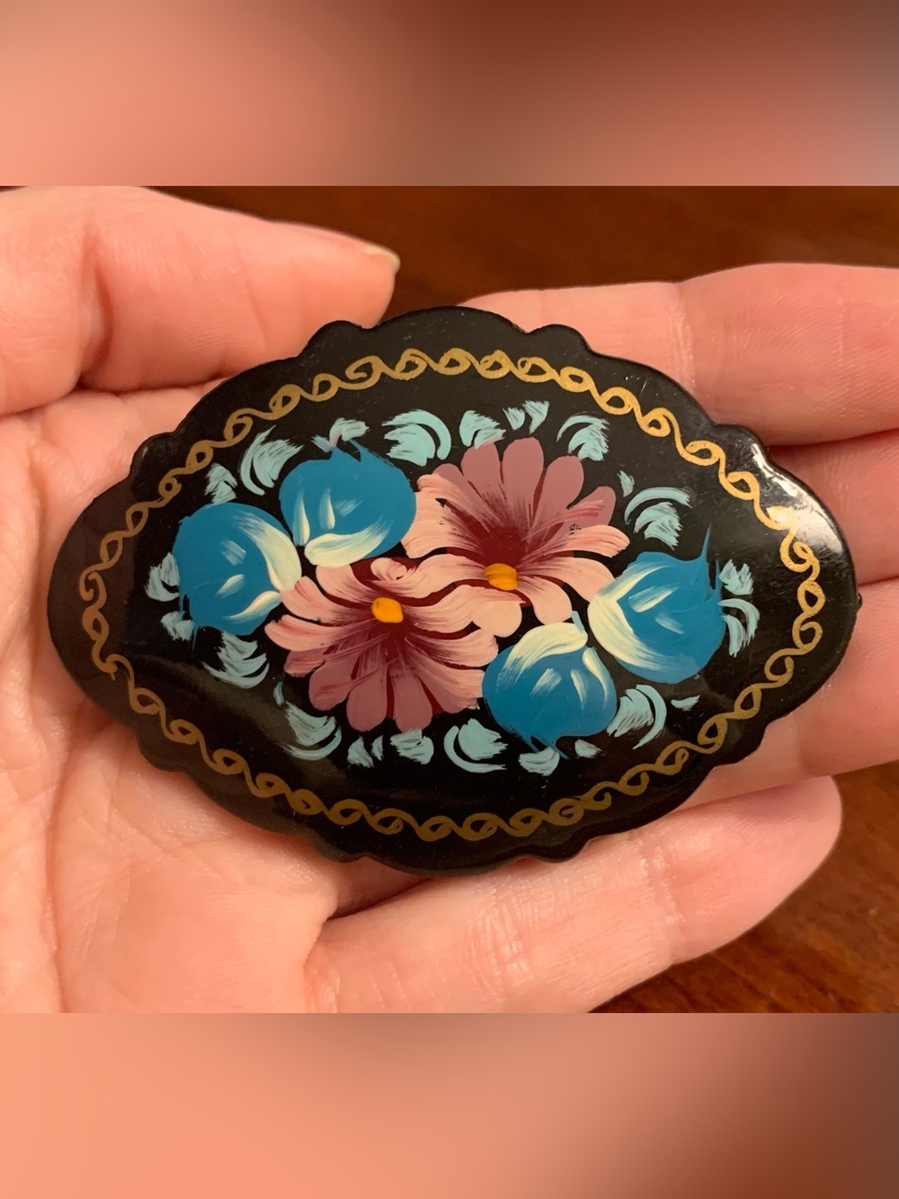 Vintage Hand-Painted Russian Floral Pin Brooch in Black with Blue & Pink Flowers